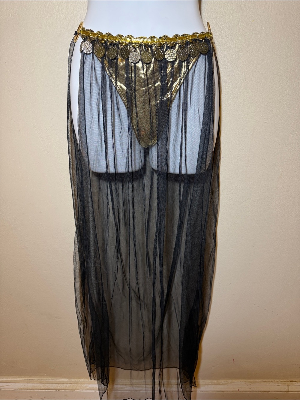 Dreamgirl Black Sheer Mesh Belly Skirt with Gold Coin Trim